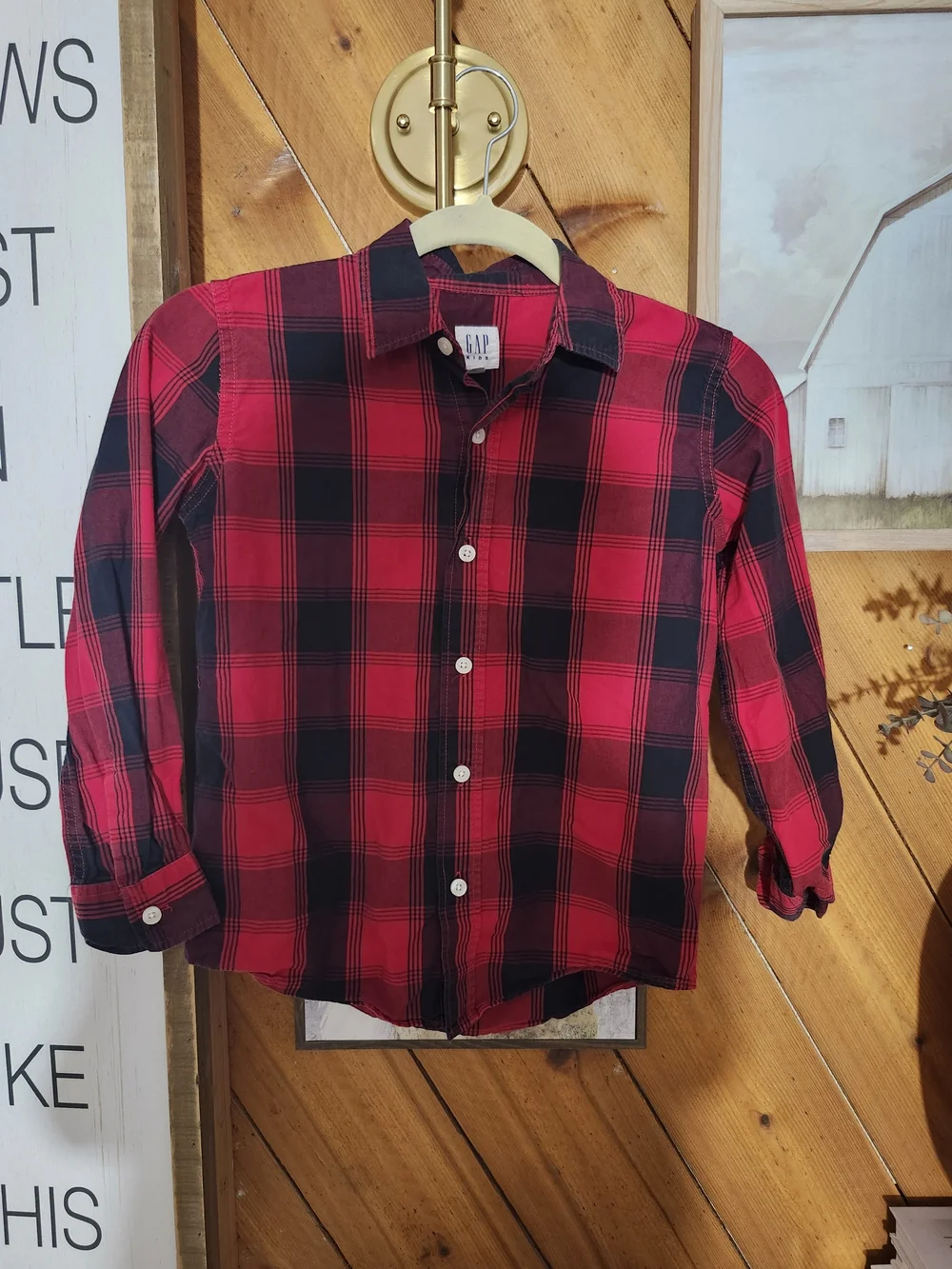 GAP Kids Boys 8 Red Black Plaid Button Up Shirt 100% Cotton Long Sleeve